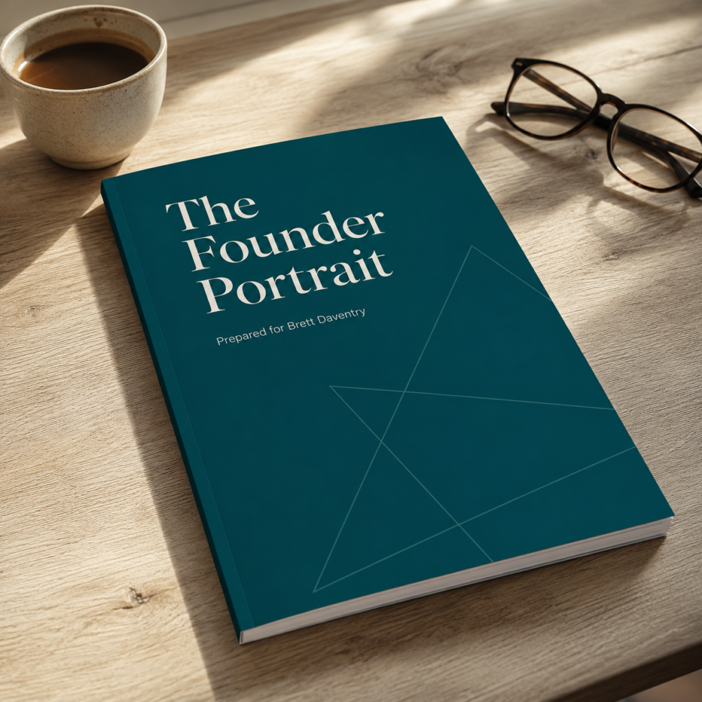 Founder Portrait report cover in teal on a wooden table